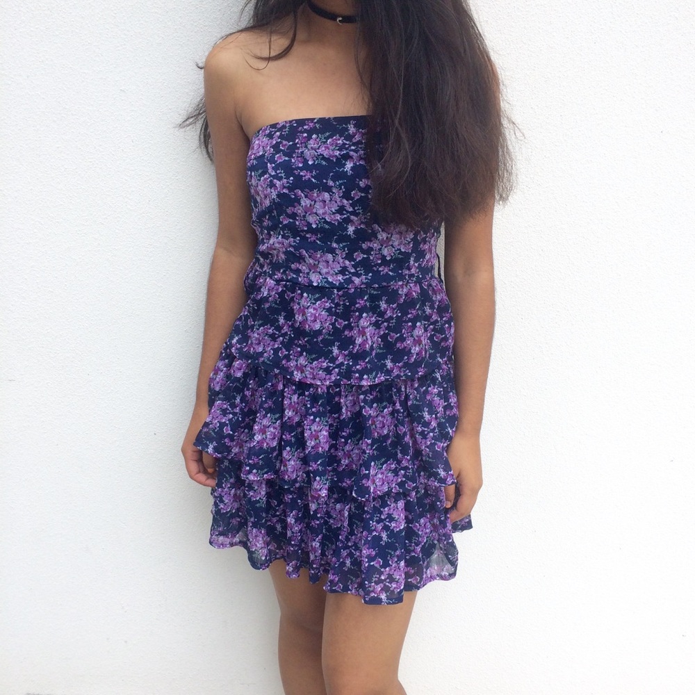 Forever 21 blue/purple floral strapless dress
